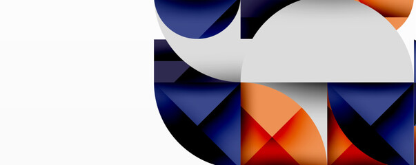 Poster - Abstract geometric design with intersecting circles, triangles, squares and sharp angles creating a layered composition with gradients, depth, and contrast