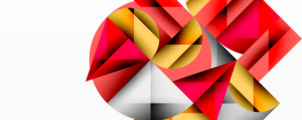 Poster - Abstract geometric design with intersecting circles, triangles, squares and sharp angles creating a layered composition with gradients, depth, and contrast