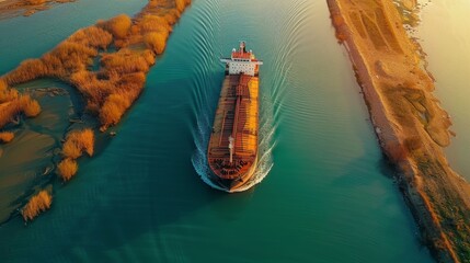 Aufkleber - A large cargo ship moves smoothly through a river flanked by vibrant, golden autumn trees. The calm waters reflect the warm hues of sunset, creating a serene atmosphere.