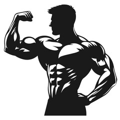 black and white vector silhouette of bodybuilder on white background