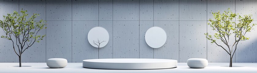 Poster - concrete 3D podium, industrial minimalist design, raw textured surface, brutalist architecture inspiration, subtle tonal variations, modernist simplicity, refined grayscale palette, professional