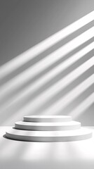 Poster - white 3D podium, pure and clean aesthetic, ultra-minimalist studio setup, soft diffused light, high-end product display, elegant simplicity, pristine surfaces, professional showcase, modern branding