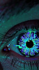 Poster - Futuristic eye closeup with glowing neon pattern transition technology vision