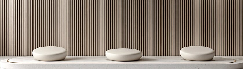 Poster - symmetrical 3D podium, balanced proportions, architectural harmony, structured geometric forms, high-end display design, clean modernism, soft shadow play, minimalist elegance, luxurious aesthetic,