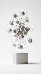 Poster - abstract 3D podium, deconstructed forms, surreal floating elements, unconventional design, modernist sculpture aesthetic, bold contrasts, cutting-edge presentation, innovative spatial composition,