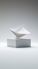 Poster - abstract 3D podium, deconstructed forms, surreal floating elements, unconventional design, modernist sculpture aesthetic, bold contrasts, cutting-edge presentation, innovative spatial composition,