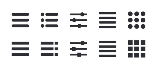 Set of Hamburger Menu Solid Icons. Web and Mobile Navigation Buttons.