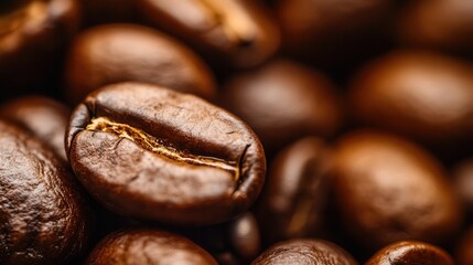 Poster - Close-up view of roasted coffee beans with a standout bean at the golden ratio, warm tones, and cozy blurred background