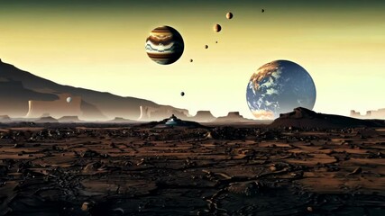 Poster - Retro-futuristic alien landscape featuring a distant planet and moons above a barren terrain with rocky formations under a greenish sky