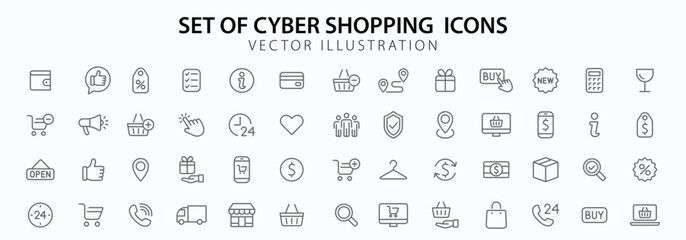 Shopping icons set. E-commerce icon collection. Online shopping thin line icons. Vector illustration