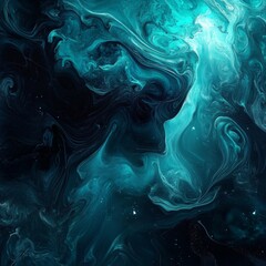 Poster - Abstract Turquoise Depths: Ethereal swirls of color evoke a sense of vastness and mystery, with starlight hints in the darkness.