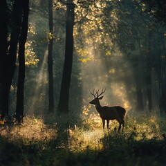 Poster - A Majestic Deer Silhouetted in a Sun-Drenched Forest Clearing, Standing Watchfully in Nature's Embrace