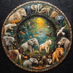 Poster - Circular Tapestry: A Wildlife Sanctuary in a Forest of Light, Lions, Elephants, and Diverse Birds