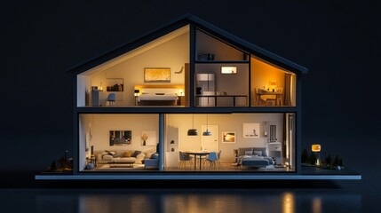 A 3D picture of a modern house at night, showing the inside.
