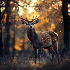Poster - Majestic Stag in Autumnal Light: A Portrait of Wildlife Amidst the Golden Hues of the Forest Canopy.
