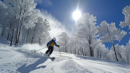 Aufkleber - A skier expertly navigates through untouched snow, kicking up powder against a backdrop of frost covered trees and a clear blue sky illuminated by the sun.