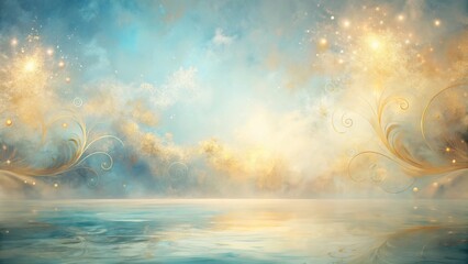 Wall Mural - Celestial Waterscape Golden Flourishes Adorn a Serene, Dreamlike Ocean Scene with Sparkling Lights and Soft Clouds