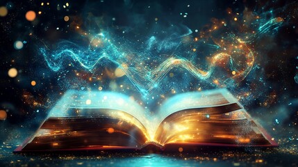 Poster - An open book emits glowing particles and magical energy in a dark setting
