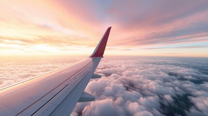 Poster - Airplane Icon: A close up of an airplane wing mid flight, with the Earth curvature visible below and a layer of fluffy white clouds stretching to the horizon.