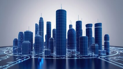 Poster - glowing 3d wireframe city skyline in deep blue and violet hues representing a futuristic urban lands