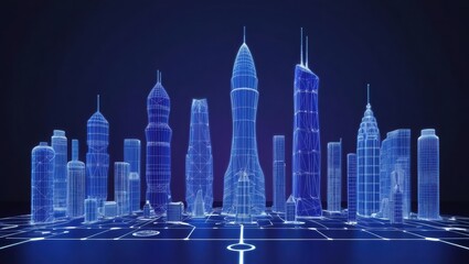 Poster - stunning futuristic skyscraper in a glowing 3d wireframe cityscape with blue and violet background