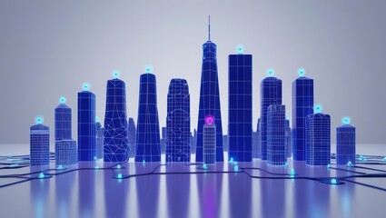 Poster - enchanting 3d wireframe cityscape with a pink heart symbolizing love in a futuristic urban setting