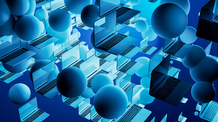 Tech backdrop with laptops and abstract spheres