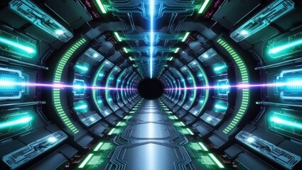 Poster - dazzling futuristic tunnel with neon lights and glowing circuits creating an immersive experience