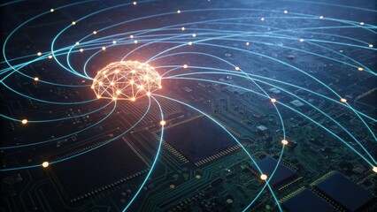 Aufkleber - Circuit board with many wires interconnected in a glowing artificial intelligence neural network design