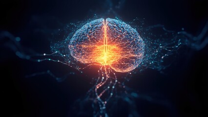 Poster - Glowing orange light illuminating a brain representing a complex artificial intelligence neural network