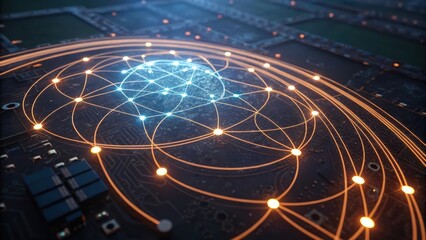 Aufkleber - Circuit board featuring a glowing circle as part of a complex artificial intelligence neural network