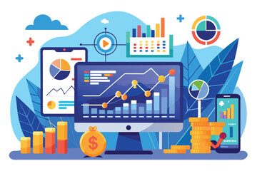 Poster - Various analytical tools display stock market trends with graphs and data visualizations in a digital setting, Stock market analysis trending