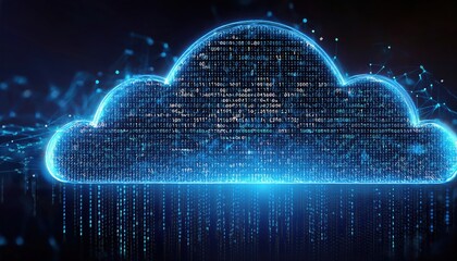 Poster - cloud with binary symbols floating in a digital space representing data cloud computing visualizatio