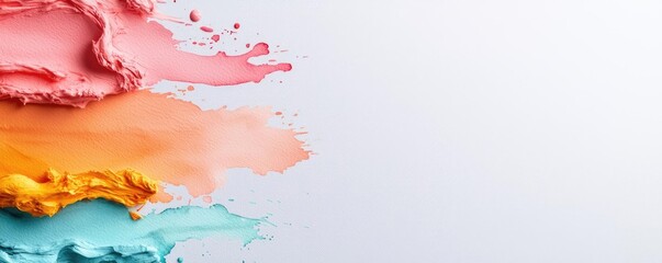 Poster - Digital watercolor painting abstract background concept. Colorful paint splashes creating a dynamic and vibrant visual effect on a white background.