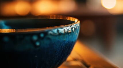 Poster - Deep Twilight Glazed Ceramic Bowl with Soft Bokeh Background Effects