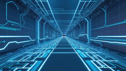 Poster - futuristic corridor with neon blue lights and endless perspective in a high-tech digital environment