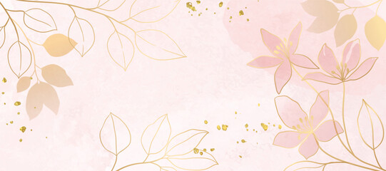 Naklejka na meble Abstract spring floral art background vector illustration. Watercolor botanical flower and gold brush line art texture. Luxury design for wallpaper, poster, banner, card, print, wedding. 