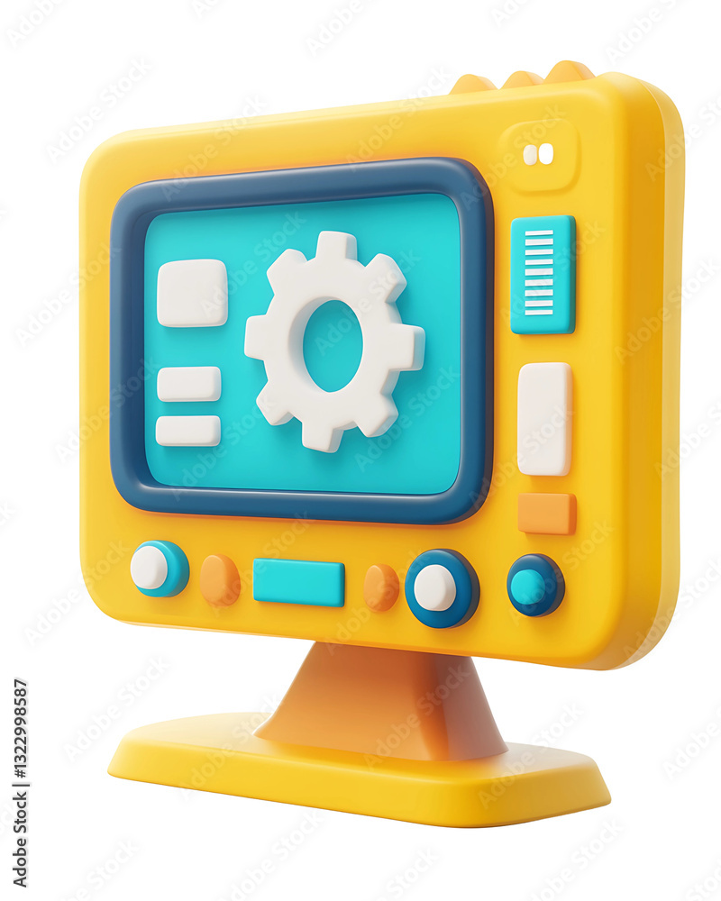 3D Retro Computer UI – Colorful Gear Interface On Isolated White Background