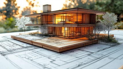 Modern Architectural Model in Warm Light with Blueprint Background