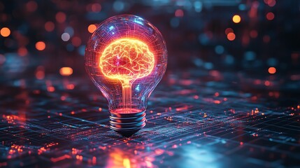 Aufkleber - Futuristic glowing lightbulb with AI brain inside, illuminated with neon colors, surrounded by advanced robotic and digital network elements, hightech atmosphere