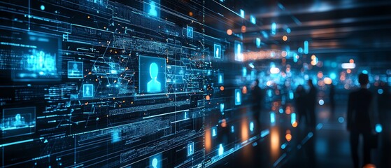 Poster - Professional business networking with holographic icons in a modern office, digital links between team members, cuttingedge technology, sleek and futuristic setting
