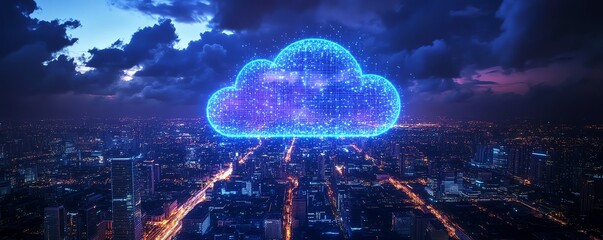 Aufkleber - Futuristic smart city with cloud computing and data storage concept, neon blue and purple lights, 3D rendering, hightech urban environment, digital infrastructure