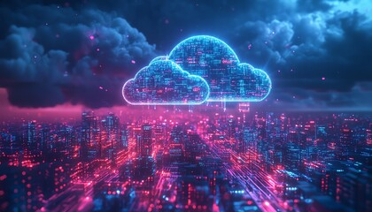 Leinwandbilder - 3D rendering of a futuristic smart city, cloud computing and data storage concept with neon blue and purple lighting, dark background, cuttingedge technology and innovation