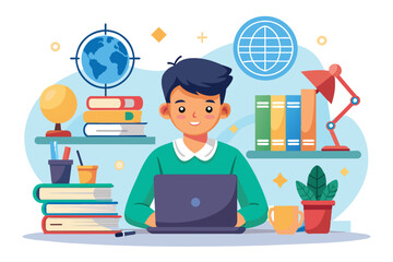 Poster - A student studies online using a laptop, surrounded by books, a globe, and a plant in a bright room, Student learning via laptop, e-learning