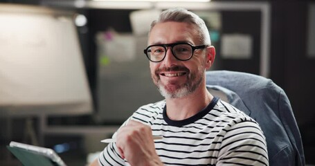 Fototapete - Business, tablet or man in office, face or decision with internet, evening or digital app for project. Mature person, employees or tech in workplace, night or design editing with portrait or smile
