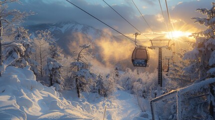 Poster - A ski lift climbs through a winter wonderland filled with fresh snow, surrounded by frosted trees and illuminated by the warm glow of a sunrise in a mountain area.