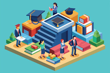 Poster - students engage in a vibrant learning environment, surrounded by books, supplies, and graduation cap