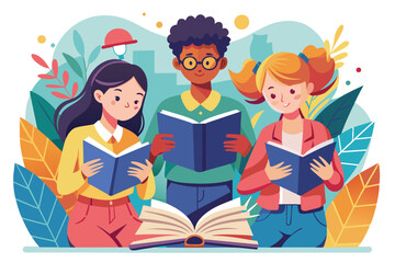 Poster - Three students read books enthusiastically while surrounded by vibrant decor and greenery, Students reading a book