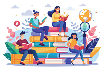 Poster - Students are sitting on stacks of books, deeply engaged in reading and learning in a colorful setting, students sit on piles of books and read in search of knowledge