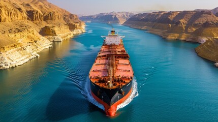 Aufkleber - A large cargo ship moves steadily through a narrow channel flanked by towering cliffs, with calm waters reflecting the bright sunlight in a stunning natural setting.